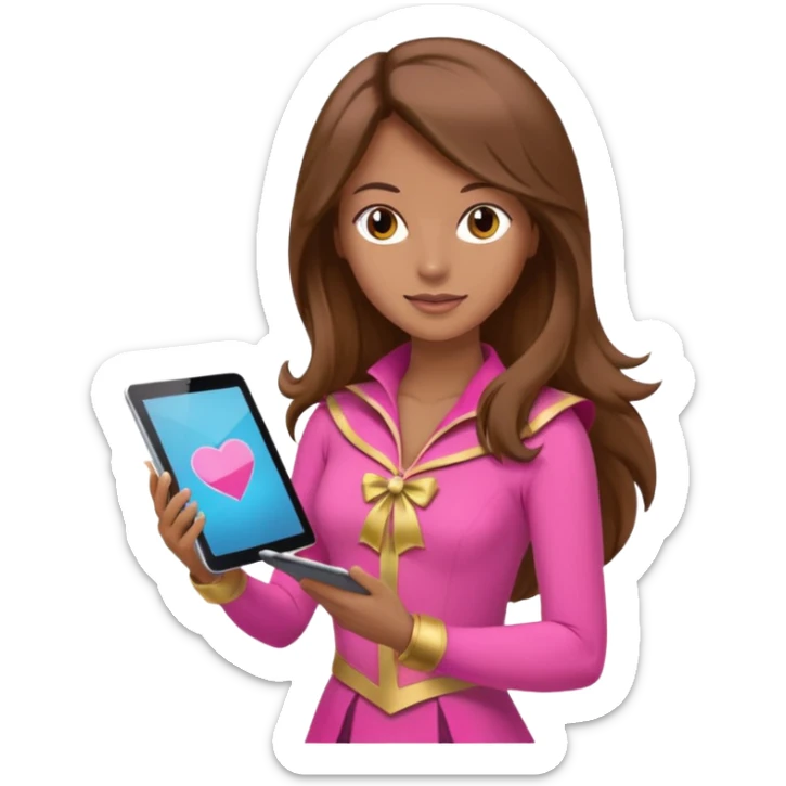 woman with brown long hair and pink costume with tablet sticker