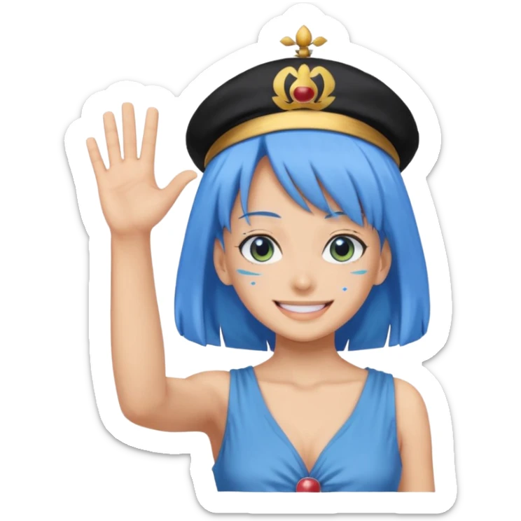 Nefertari Vivi from One Piece, waving, blue hair, apple style emoji sticker
