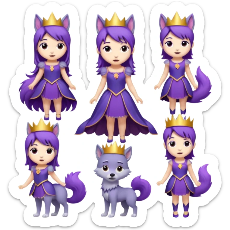 A collection of twelve chibi-style illustrations of a cute princess wearing a purple dress and crown with purple hair and purple wolf ears and purple wolf tail character. Each square shows the character doing different things against a white background And make a gap between each illusion sticker
