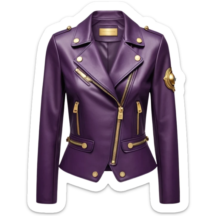 Dolce and gabanna brand Cropped midnight plum color leather detailed jacket for women with 10k gold and metallic chrome edgy style embellishments. 8k, 5000x5000px, 3D rendering, realistic, isolated still life, no emoji faces no emoji icons no human figures  sticker