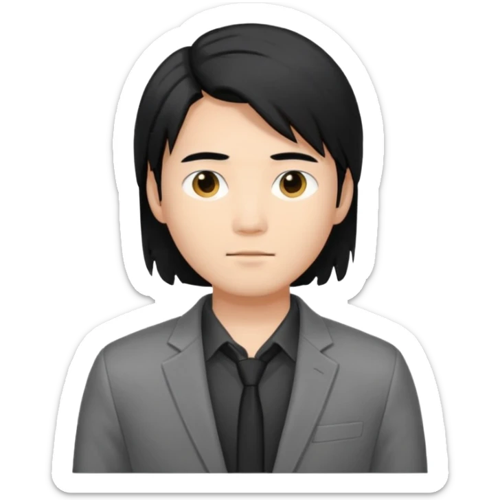 asian young man with long black hair middle part haircut in grey blazer and black t-shirt  sticker