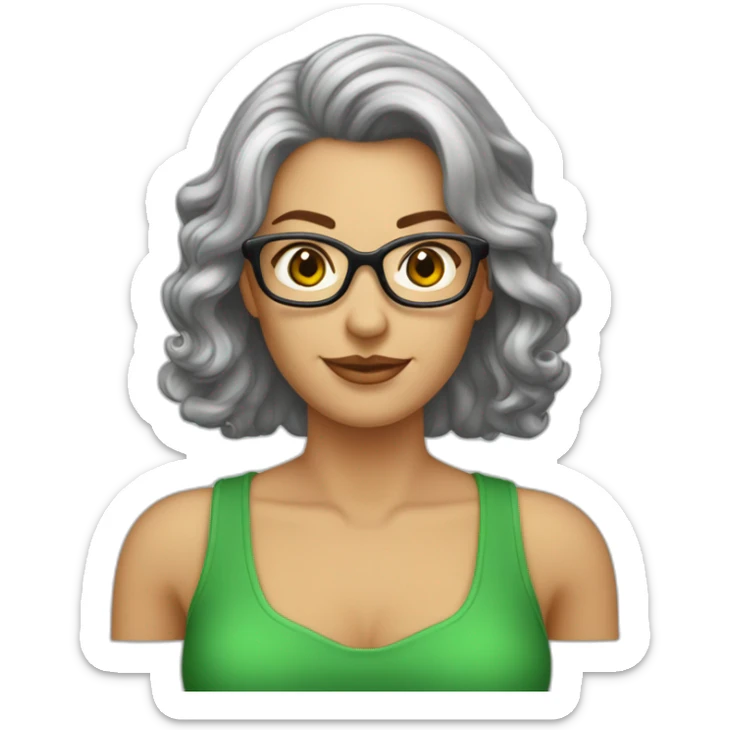 Femme 50 ans cheveux mi longs ondulés gris lunette métal yeux vert noisette sticker