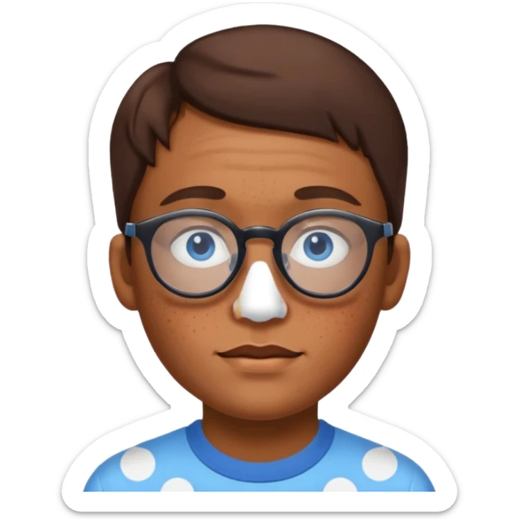 vitiligo emoji, with vitiligo spots around eyes and on the chin. brown hair, blue eyes, wearing glasses  sticker