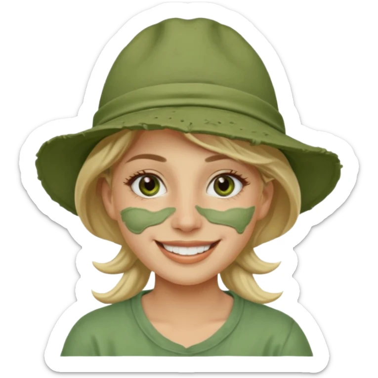 messy green clay mask and tourist hat blond braided woman big eyes smiling and clay mask on face sticker