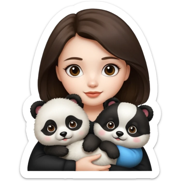 Girl with brunette hair is holding her dog thats a pomeranian and looks like a panda. sticker