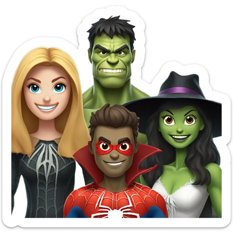 Spider-Man, the Hulk, the scarecrow from the Wizard of Oz and the witch from the Wizard of Oz together as a family sticker