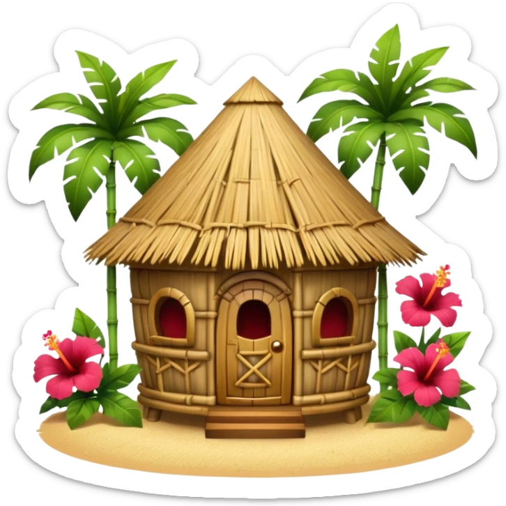 Hawaiian tiki hut house, round tropical hut, bamboo details, thatched roof, tiki masks decoration, hibiscus flowers, cute mobile game icon, 3D cartoon, clean background, no text sticker
