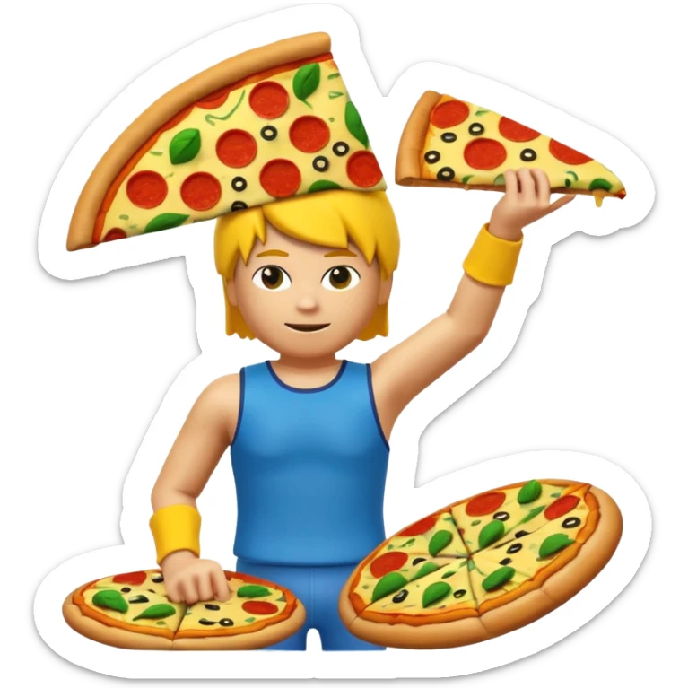 A roblox avatar yellow head arms blue troso green legs and a whole pizza on his head sticker