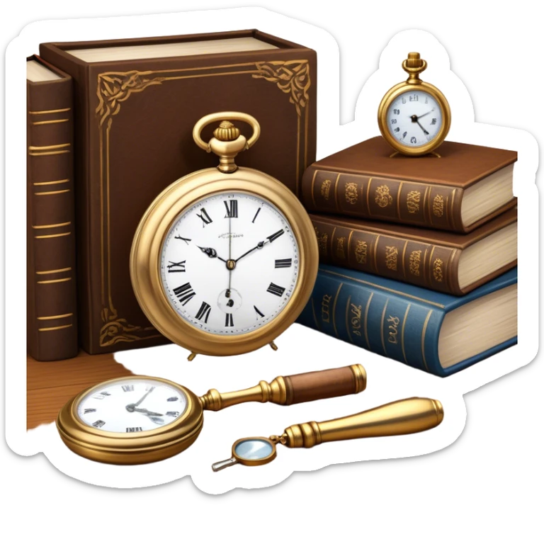 Icon for Antiques Collecting: antique carved  furniture, a vintage pocket watch and a porcelain figurine, all placed on a wooden antique table surrounded by aged books and a magnifying glass. The icon should evoke the elegance and history of antique collecting. Transparent background. sticker