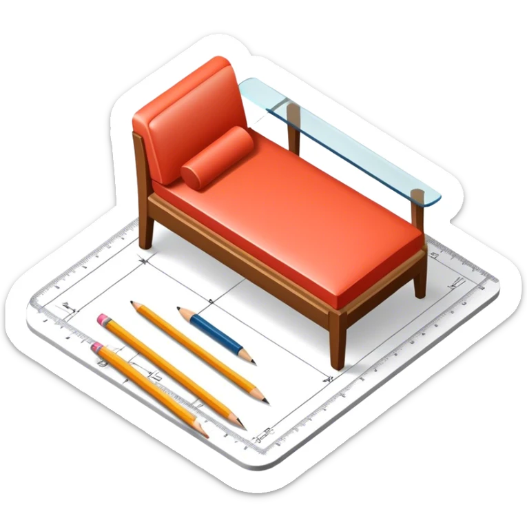 Icon for Furniture Design: a furniture drawing with 3D models of furniture pieces placed on top, accompanied by rulers and a pencil. The icon should represent the design process with focus on precision and modeling. Transparent background. sticker