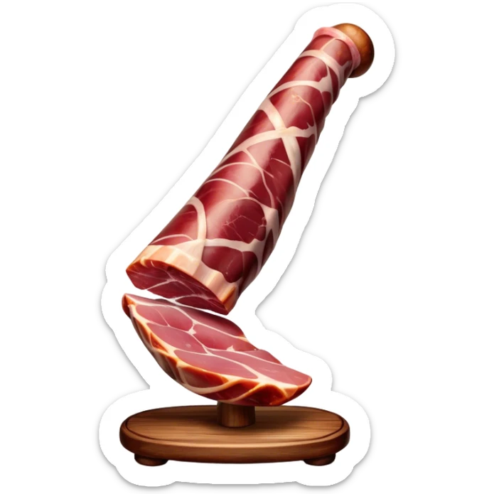 ​Cinematic Realistic Spanish Jamón Leg, depicted as a massive, cured leg of Jamón serrano with a deep reddish-brown hue, intricately marbled and slightly glossy with age, elegantly displayed on a rustic wooden stand and bathed in warm, soft lighting that accentuates its artisanal heritage, sticker