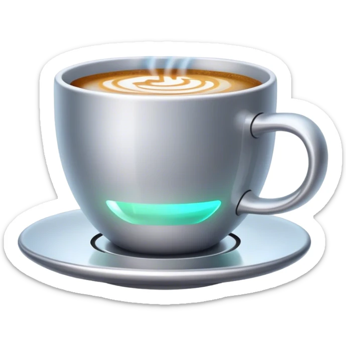 Emoji: A steaming cup of coffee, but instead of regular steam, there are glowing holographic binary codes (0101) rising from it. The mug has a sleek futuristic design, with a small glowing AI circuit on the side. Cyberpunk and modern aesthetics. sticker