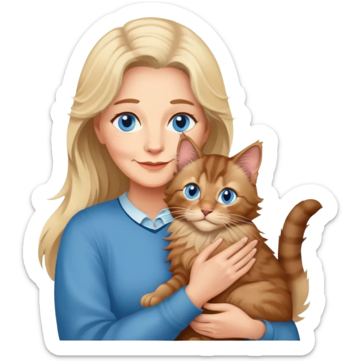 A blonde blue eyed older woman holds a brown Maine Coon cat in her arms sticker