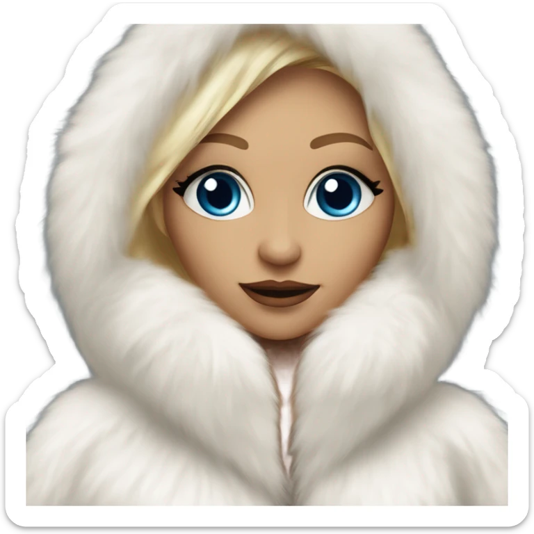 Tanned Girl with lashes and blue eyes, blonde hair, in a extremely big fluffy oversized white fur coat with hood on. The fur is real and it’s very obvious big and fluffy  sticker