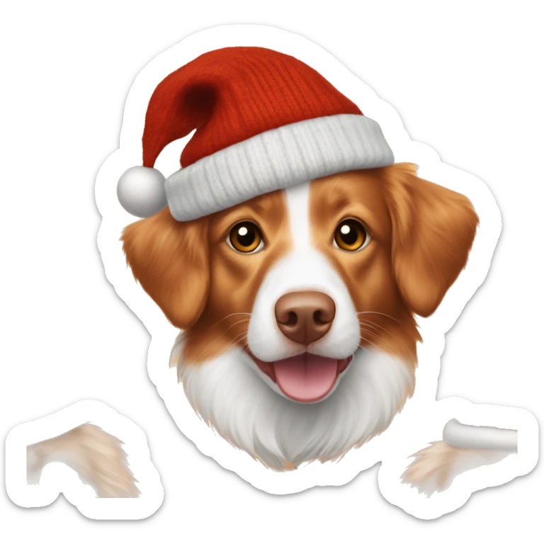 Orange and white Nova Scotia duck toller dog wearing a Christmas sweater and hat sticker