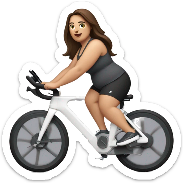 plus size white woman with medium length straight brown hair and dark brown eyes riding an exercise bike sticker
