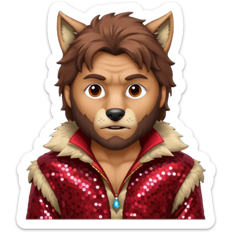 The Wolf Man with tan skin brown hair and fur, dark red sequin outfit sticker
