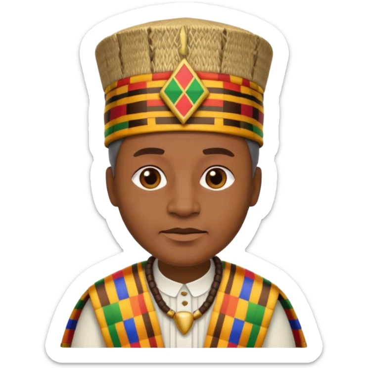 Create an emoji of an old African king wearing kente cloth and white shirt with an african kufi hat sticker