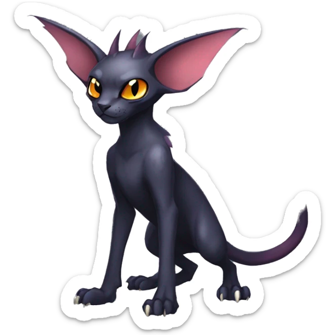 Black cool vampiric Noivern-Litten-Sphynx-Lykoi-Caracal-Fakemon with big bat ears full-body sticker