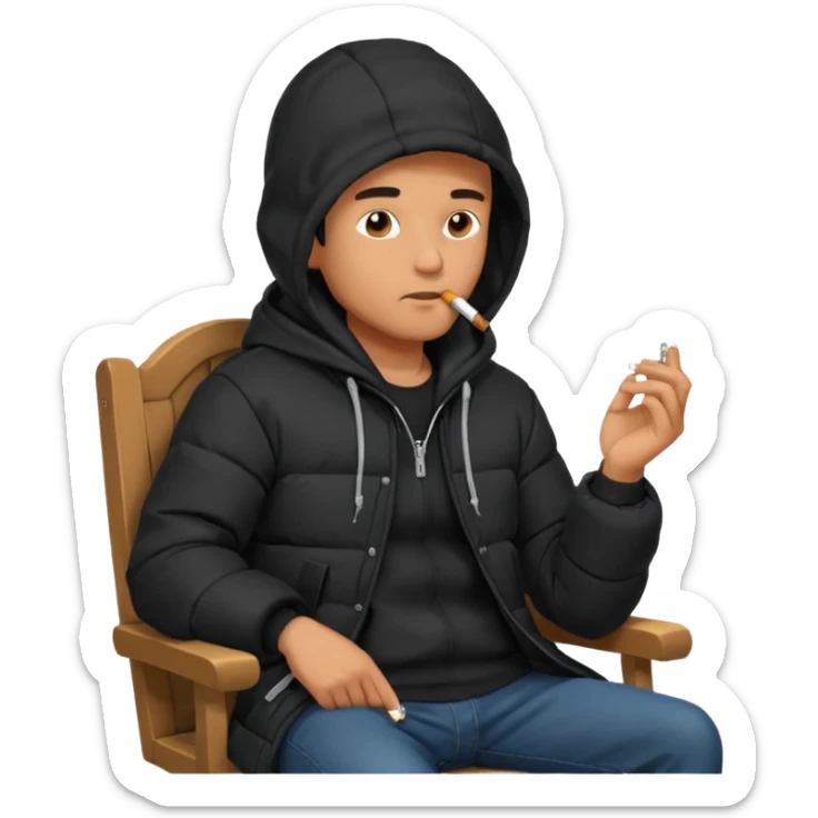 A man sitting on a chair, wearing a black puffed coat with hood, hands in his pocket, smoking a cigaret, he is on a chair i sticker