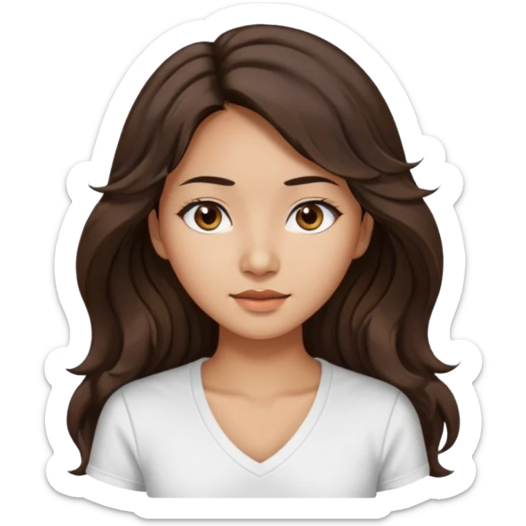 iOS style emoji. A girl with very long dark brown wavy hair. And the eyes color is dark brown. And she is wearing white t shirt with V kneck. And she is 30. She is Asian with double eyelids  sticker