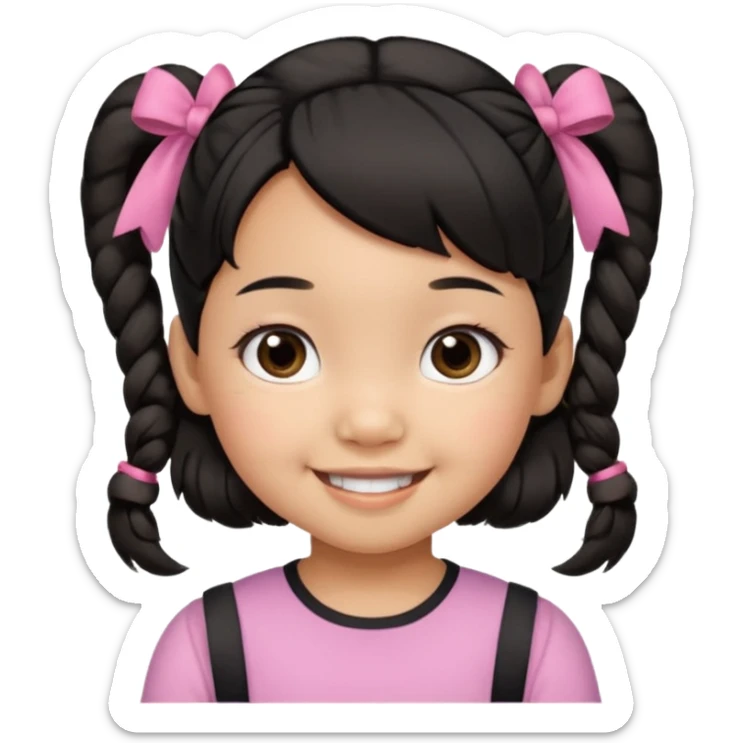 mixed 1 year old girl asian and american with short pigtails and cute bows i dark brown/black hair with big brown eyes emoji sticker