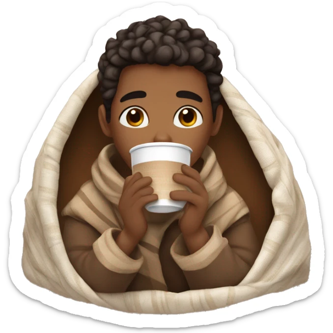 Brown skin tone male wrapped up in a woven blanket sipping hot chocolate  sticker