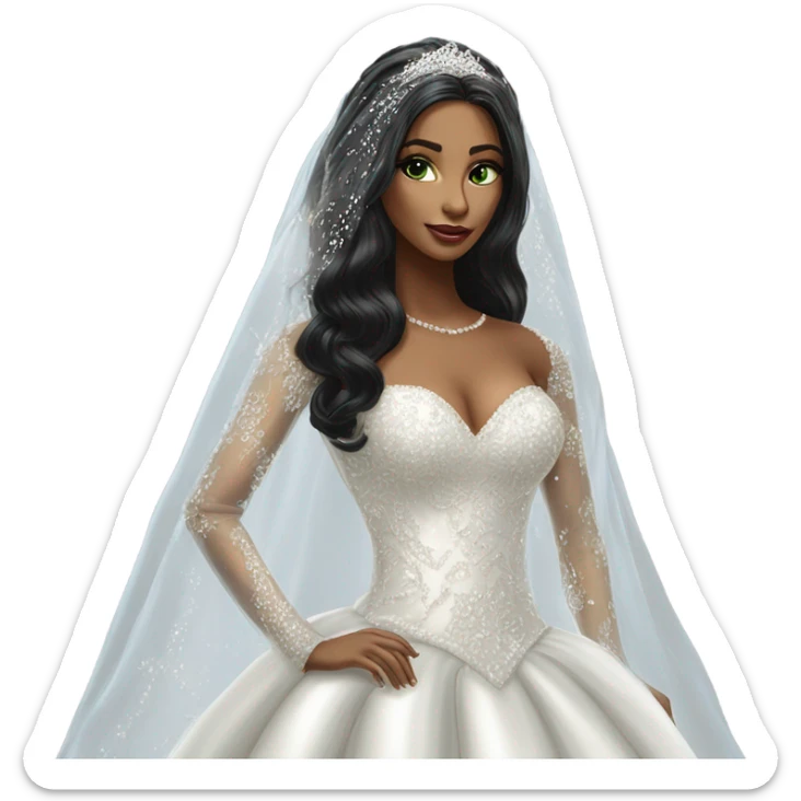 Hyper Realistic ornate ballgown long sleeve Wedding dress with diamanté on bride with green eyes and long black hair with veil sticker