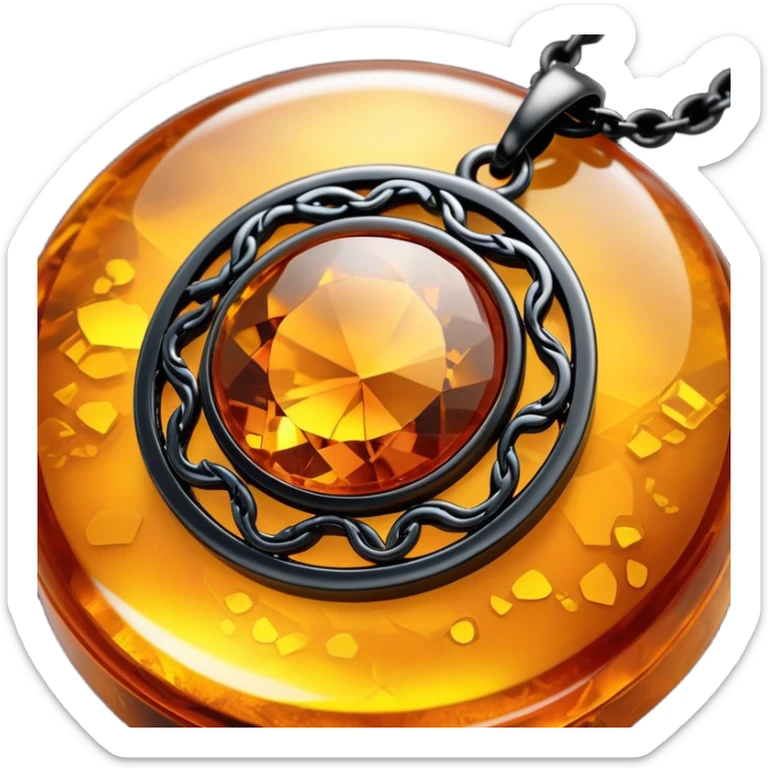 extreme close up of a round cut holographic amber charm with black metal accent and black chain sticker