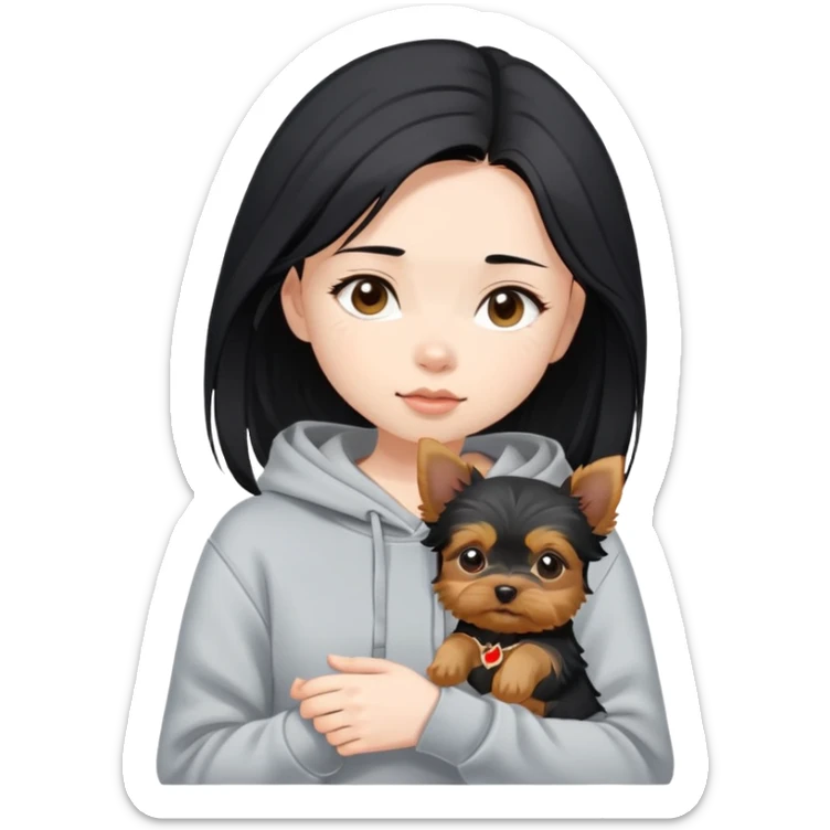 a black-haired asian girl in a gey hoodie with a yorkie puppy sticker