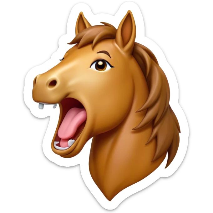 Cinematic Cute Yawning Bay Horse Portrait Emoji, Head tilted slightly with a dramatic, wide-open yawn, revealing a smooth bay fur with a subtle luster, floppy ears slightly drooping, round amber eyes barely open in drowsy contentment, Simplified yet irresistibly adorable features, highly detailed, glowing with a soft, cozy glow, high shine, relaxed yet expressive, stylized with a touch of equine whimsy, bright and endearing, soft glowing outline, capturing the essence of a sleepy yet affectionate horse, so drowsy it feels like it could stretch out of the screen and curl up for a nap! sticker