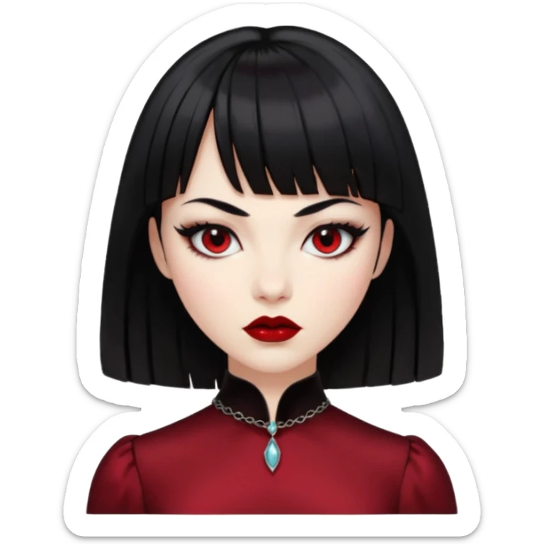 “Emoji girl, porcelain skin, sharp eyeliner, vampy deep red lips, straight jet-black hair with bangs, intense eyes, wearing black silk dress.” sticker