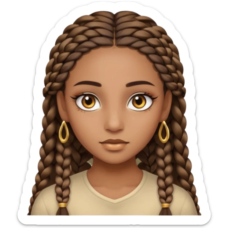 girl with thin braids long hair and brown eyes, brown skin, eyelashes, siren eyes sticker