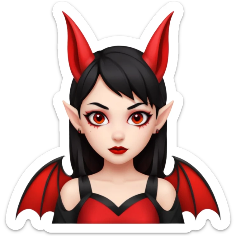 demon girl, skin red (no pale/blush), black hair, small horns, pointed ears, bat wing, black open-back dress, bold black outlines, red+black palette sticker