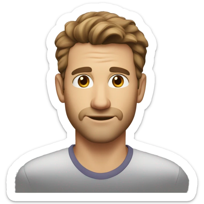 A head and shoulders shot of a 34 year old White man, with short brown hair, with stubble facial hair,   with brown eyes wearing a t-shirt. sticker