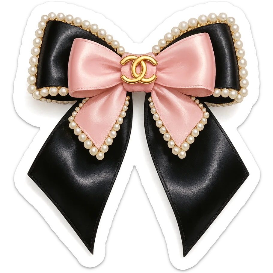 heart only the elegant bow with pearls and gold Chanel logo, glossy, pastel colors, realistic style, with no background. black pink,  sticker