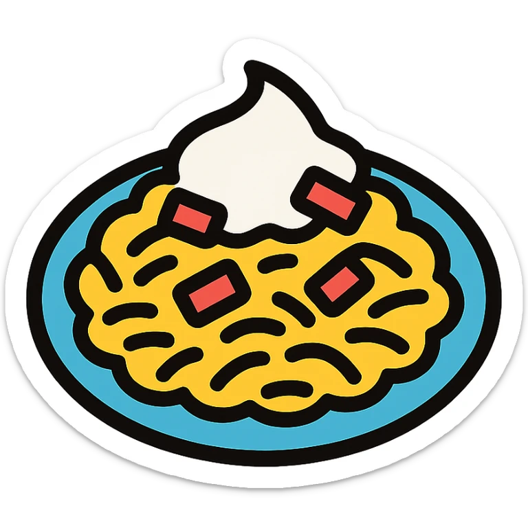 A plate of risoni, topped with small pieces of bacon with cream sticker