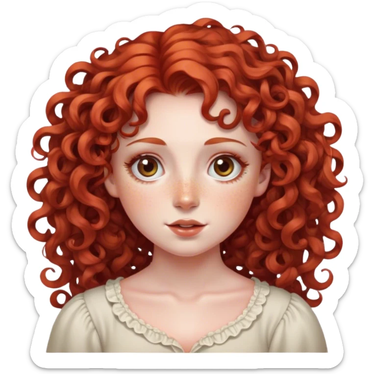 lady with Soft, round face, rosy cheeks, wide expressive eyes, Curly red hair, often styled in intricate ringlets, Fair skin, freckles, sticker