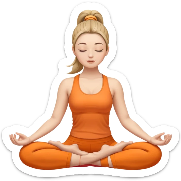 white woman with ponytail hairstyle in lotus position meditation yoga pose, closed eyes, relaxed face, wearing orange yoga outfit sticker