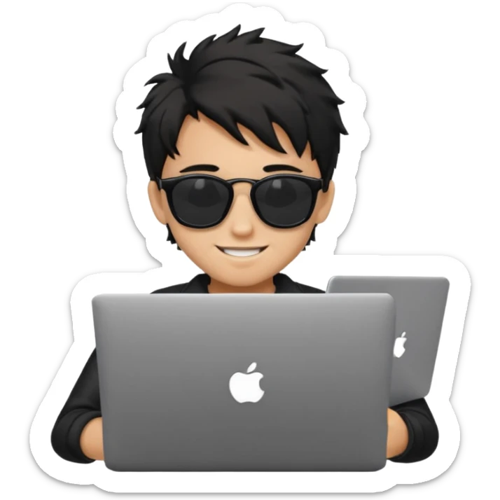 a PRETTY BRATZ boy with black messy hair, black sunglasses, on laptop sticker