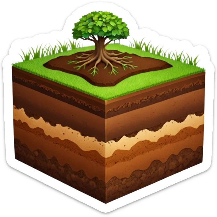 A 3D cartoon cross-section of soil layers with green grass on top, visible brown earth textures, clean white background, smooth and detailed Memoji-style. sticker