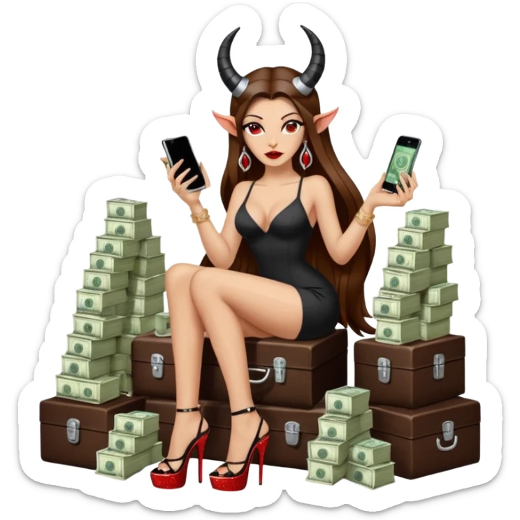 Sensual seductress long brown straight haired sexy drug lord woman with  glitter platform high heels on her feet,  and devil black horns on her head, holding a stack of cash, has a phone in other hand. Sitting on  Cases of drugs. Evil  sticker