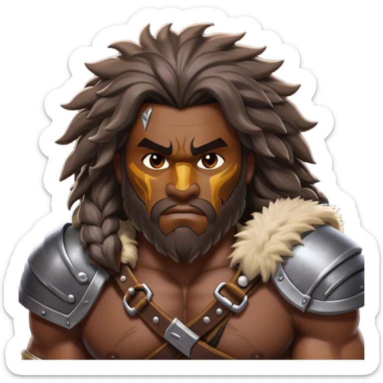 Clash of Clans aesthetic: Cinematic Battle-Hardened Barbarian Portrait Emoji, Stark and unyielding with a burly, muscular frame marked by scars, wild, flowing hair and a steely, unrelenting gaze, dressed in rugged furs and bone armor, Simplified yet meticulously detailed features, highly detailed, glowing with a cool, steely radiance, high shine, relentless and valorous, stylized with an air of ancient tribal might, focused and resolute, soft glowing outline, capturing the essence of a seasoned barbarian whose every scar tells a story of survival and conquest! sticker