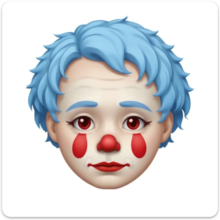 portrait of a sad clown emoji, white face paint, red nose, minimalist makeup with drooping eyebrows and frown, visible tears under the eyes, short curly pastel blue hair, simple ruffled collar, soft subdued colors, glossy highlights, centered close-up, white background sticker