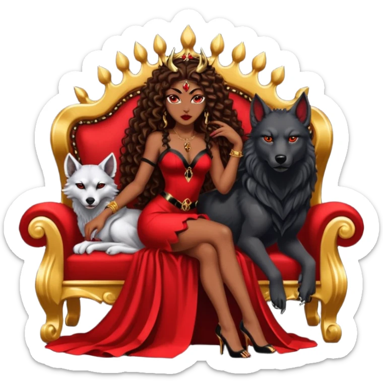 Lilith symbol seductress evil brown curly long hair haired, sexy succubus woman with red and black Chanel dress sitting on a Black and gold throne. A large black wolf laying beside he sticker