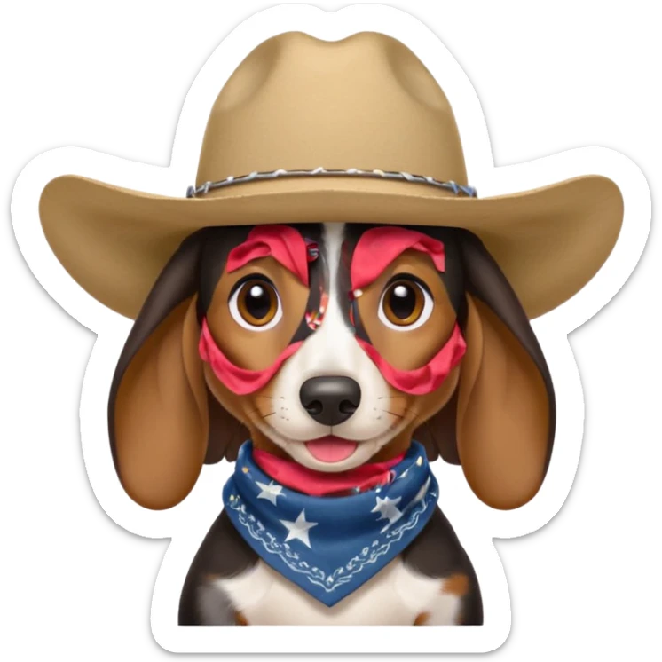 mostly black with some brown long hair daschund with a cowboy hat, ears curl out a bit and bandana and tongue slightly out sticker
