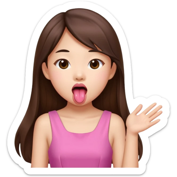 asian girl with long brown hair and fair skin wearing pink dress sticking tongue out sticker