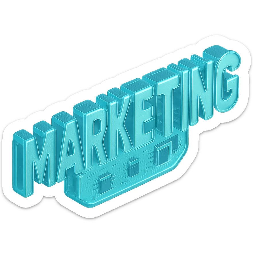 The word "MARKETING", cyan blue sticker