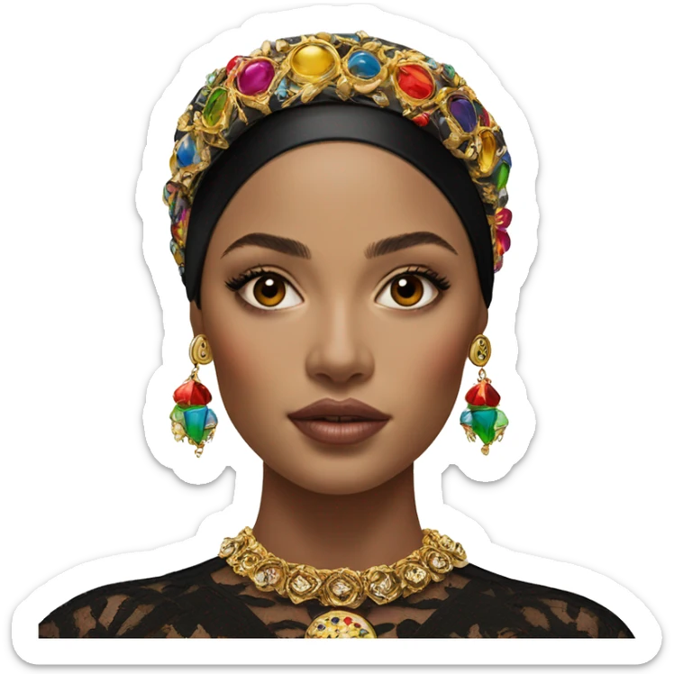 Dolce and Gabbana Italian model in dark dress and headband with colourful ornament and golden detais  sticker