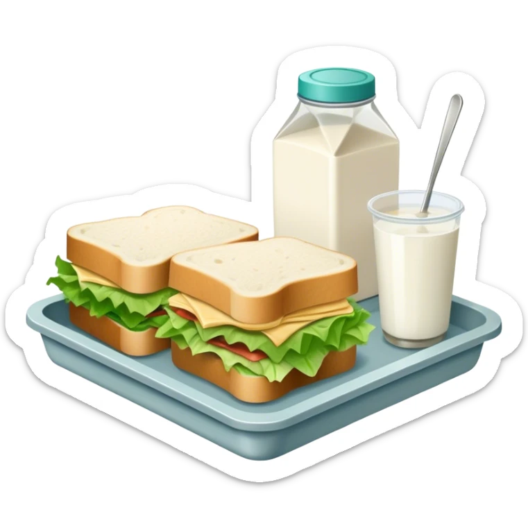 tray with food in it. a sandwich, a milk carton and lettuce on the tray. prison meal so the food doesn't look appetizing sticker